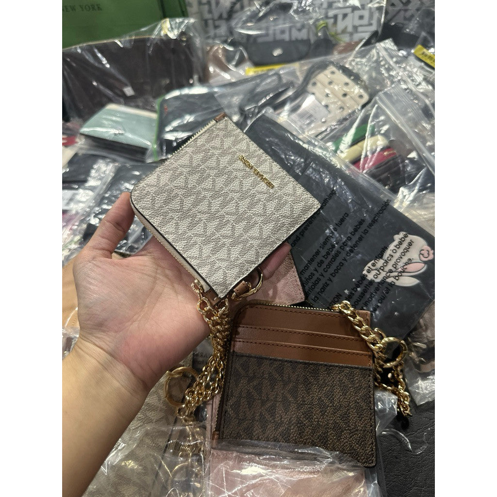 ORIG & IMPORTED MK Signature Logo Chain Wallet Slim Card Holder White/Pink/Brown