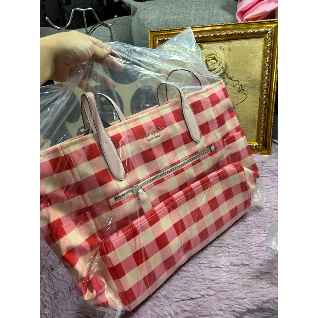 ORIG & IMPORTED KS Chelsea Gingham Large Tote Nylon Bag Satchel Pink Multi