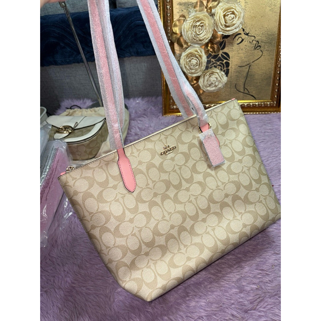 ORIG & IMPORTED Coach Medium Zip Top Tote Bag In Signature Canvas Light Khaki/Pink