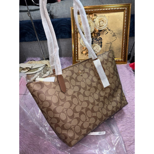 ORIG & IMPORTED Coach Medium Zip Top Tote Bag In Signature Canvas Saddle/Brown