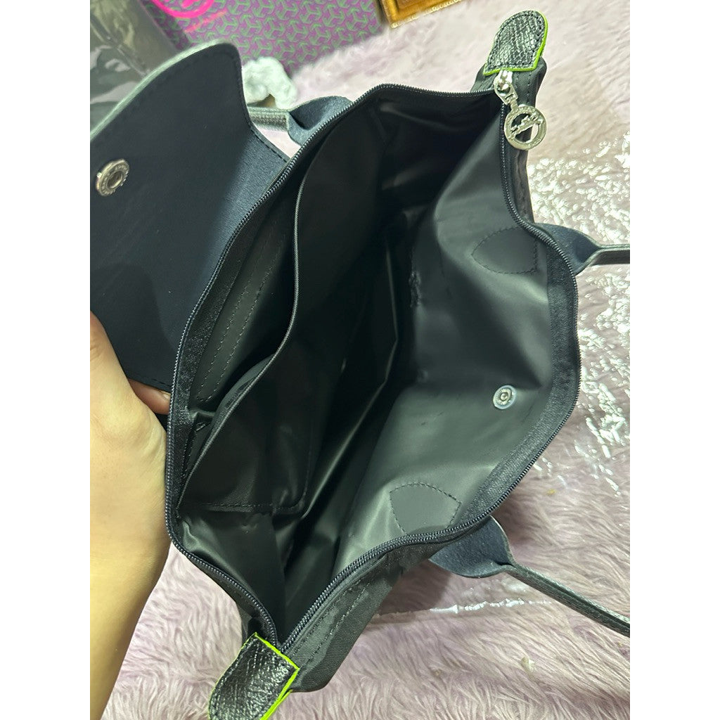 ORIG & IMPORTED Longchamp LC Le Pliage Original Medium Long Handle Nylon Tote Black Bag