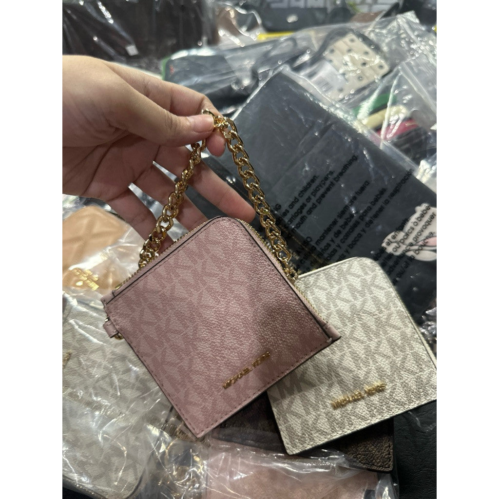 ORIG & IMPORTED MK Signature Logo Chain Wallet Slim Card Holder White/Pink/Brown