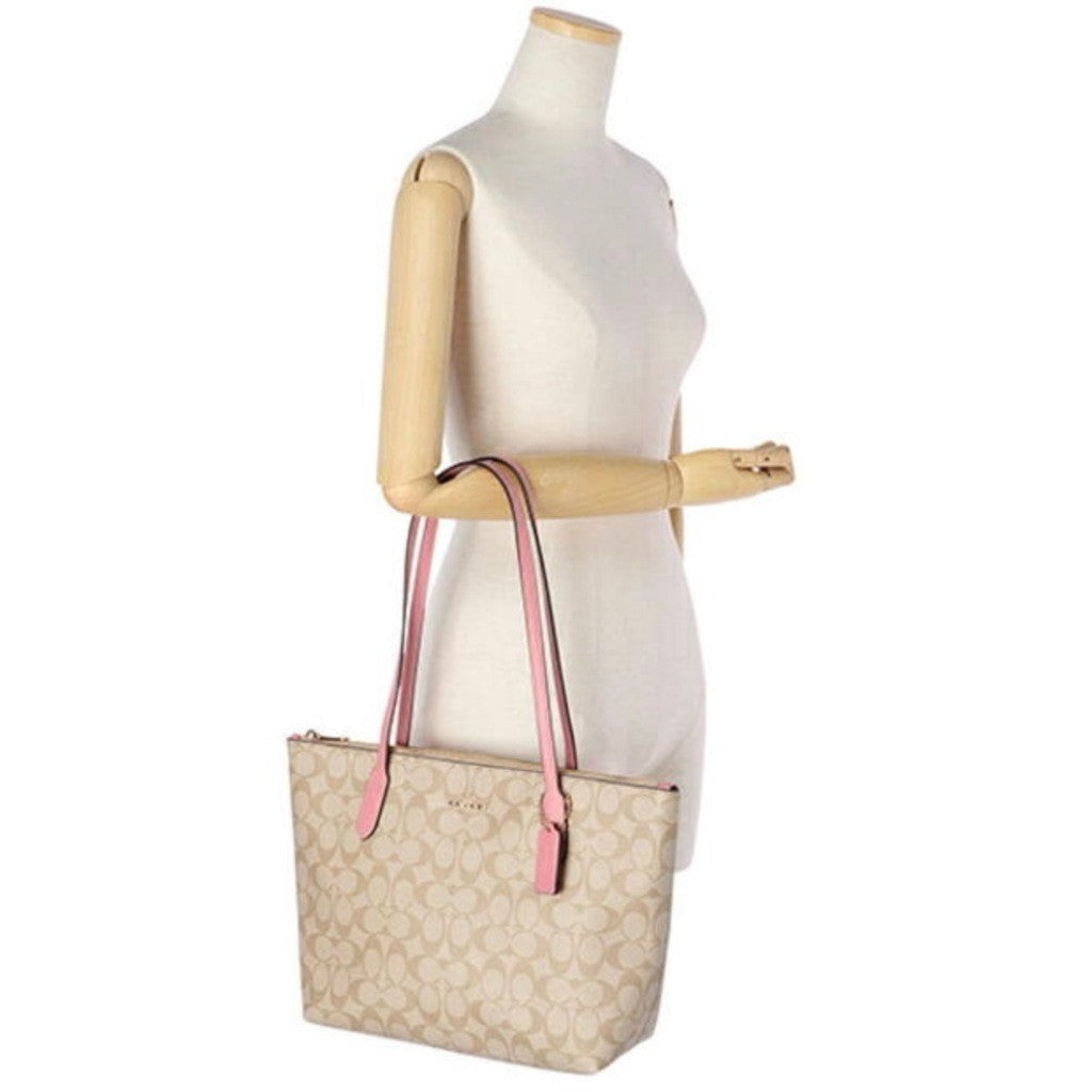 ORIG & IMPORTED Coach Medium Zip Top Tote Bag In Signature Canvas Light Khaki/Pink