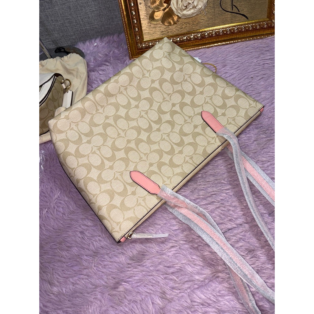 ORIG & IMPORTED Coach Medium Zip Top Tote Bag In Signature Canvas Light Khaki/Pink