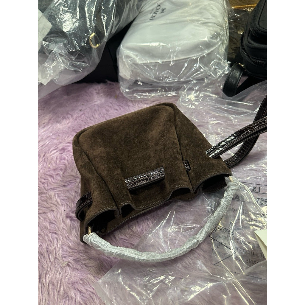 ORIG & IMPORTED TB Burch Dark Cocoa Brown Romy Suede Mini Bucket Bag Brown