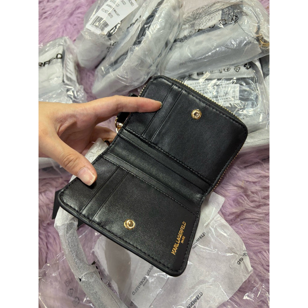 ORIG & IMPORTED Karl Lagerfeld KL Small zip around black bifold wallet wristlet with pins