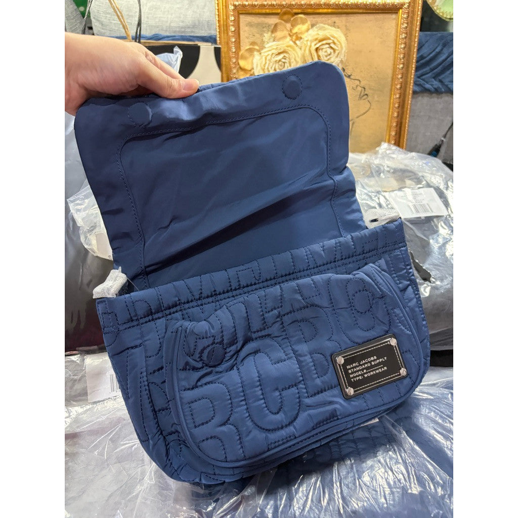 ORIG & IMPORTED MJ Nylon Jumbled Logo Messenger Blue Flap Bag