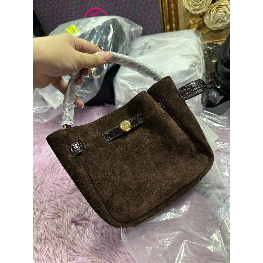 ORIG & IMPORTED TB Burch Dark Cocoa Brown Romy Suede Mini Bucket Bag Brown