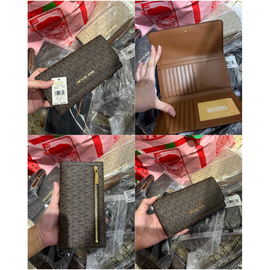 ORIG & IMPORTED MK Jet Set Large Logo Long Trifold Wallet Brown/Camel