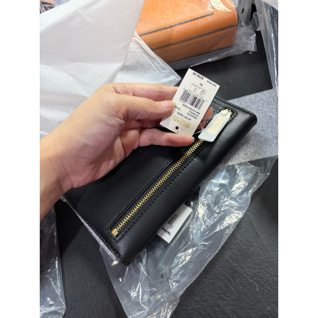 ORIG & IMPORTED MK Jet Set Travel Signature Logo Tri-Fold Black Studs Wallet