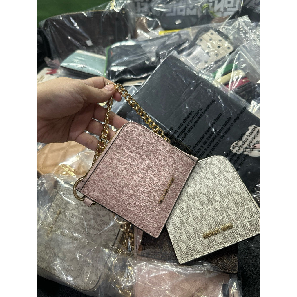 ORIG & IMPORTED MK Signature Logo Chain Wallet Slim Card Holder White/Pink/Brown