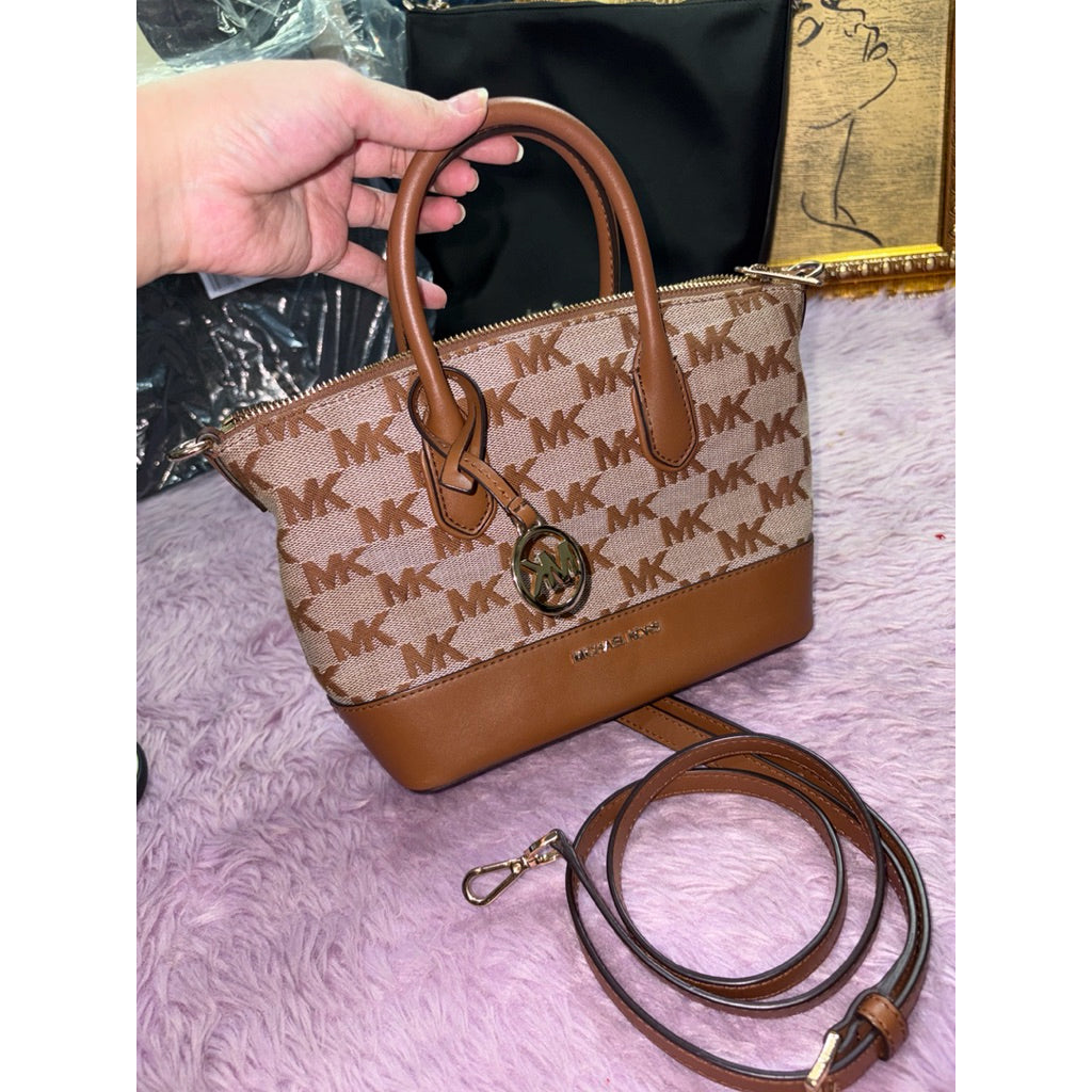 ORIG Preloved MK Hyde Small Logo Jacquard Satchel Brown Bag