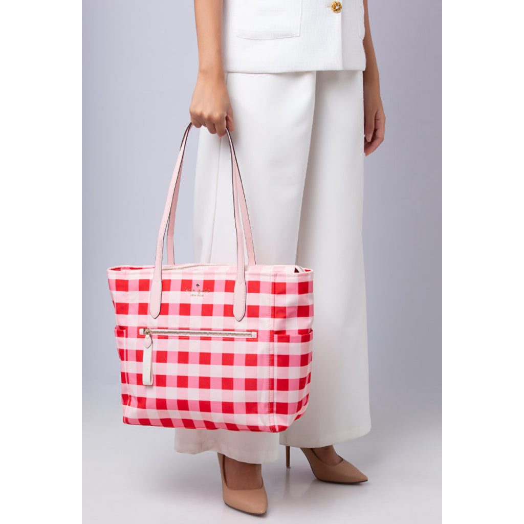 ORIG & IMPORTED KS Chelsea Gingham Large Tote Nylon Bag Satchel Pink Multi