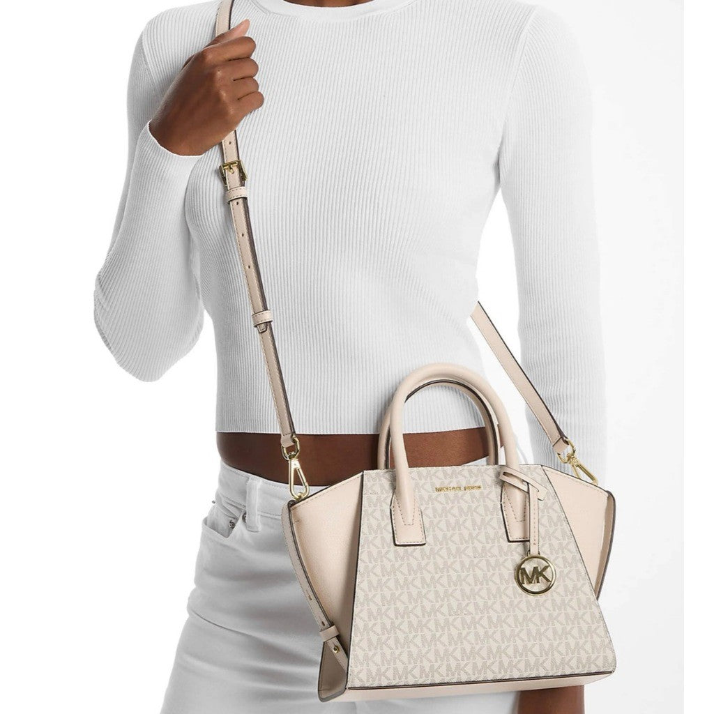 ORIG & IMPORTED MK Avril Small Logo Top-Zip Satchel White/Black Bag