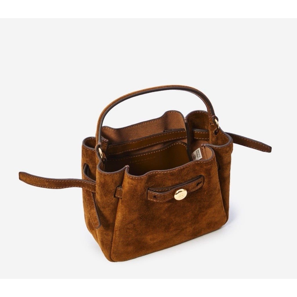 ORIG & IMPORTED TB Burch Dark Cocoa Brown Romy Suede Mini Bucket Bag Brown
