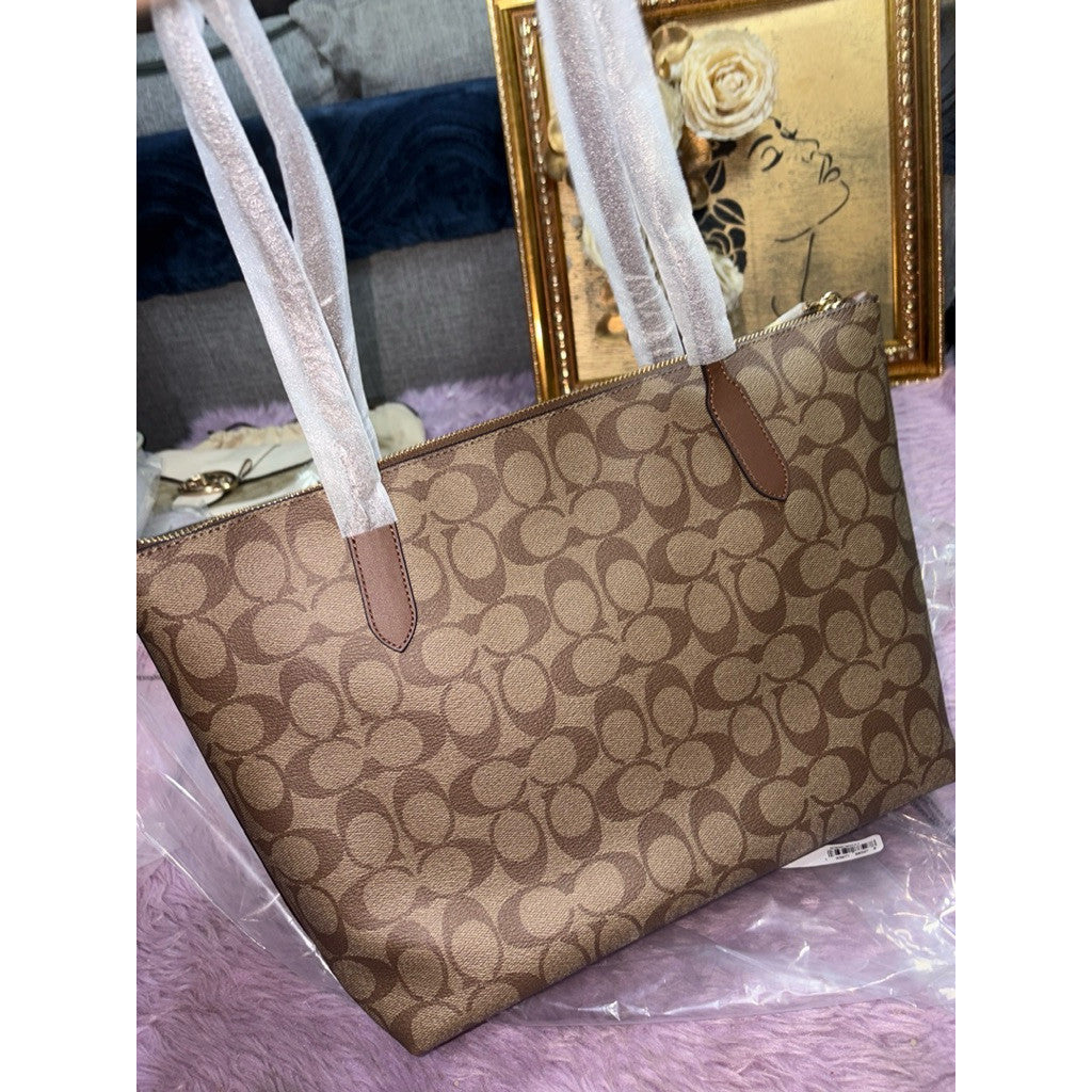 ORIG & IMPORTED Coach Medium Zip Top Tote Bag In Signature Canvas Saddle/Brown