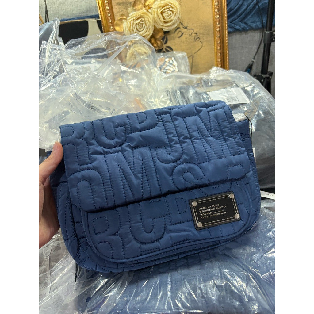 ORIG & IMPORTED MJ Nylon Jumbled Logo Messenger Blue Flap Bag