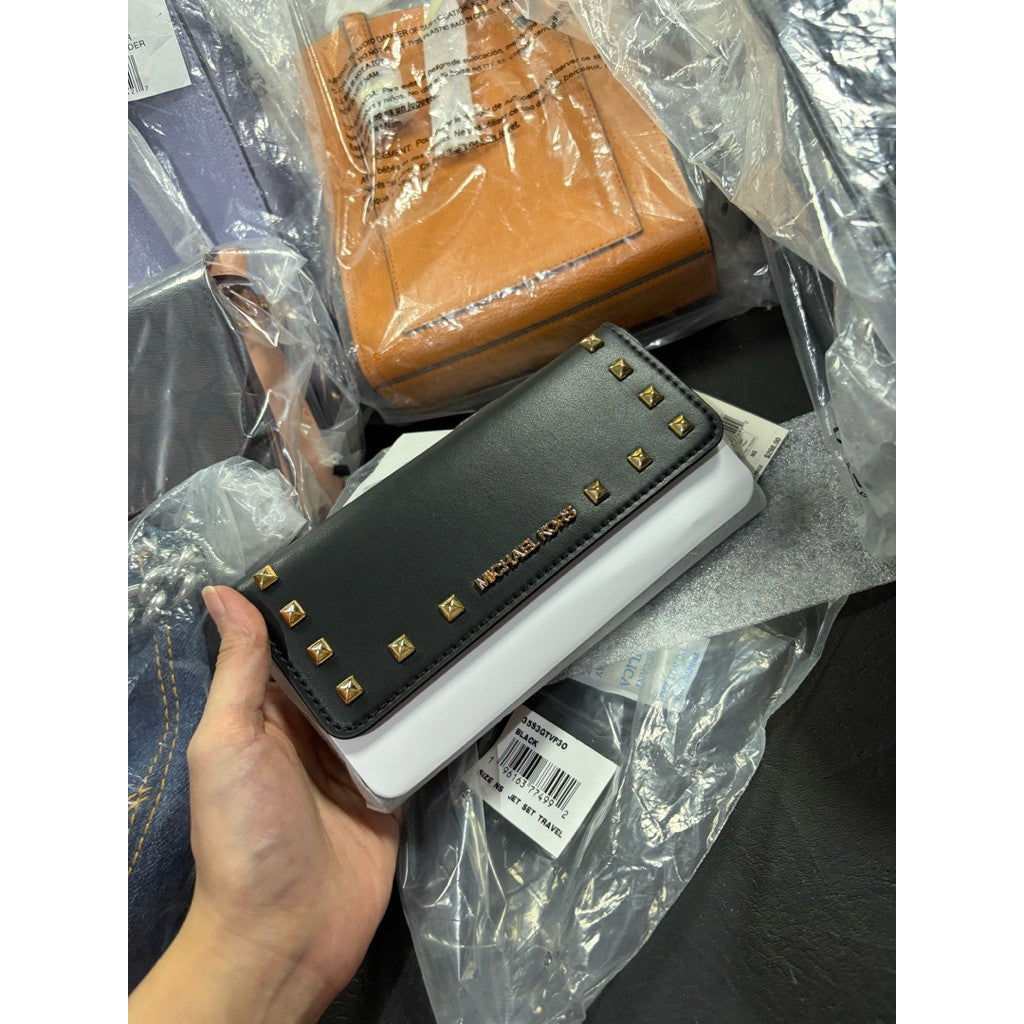 ORIG & IMPORTED MK Jet Set Travel Signature Logo Tri-Fold Black Studs Wallet