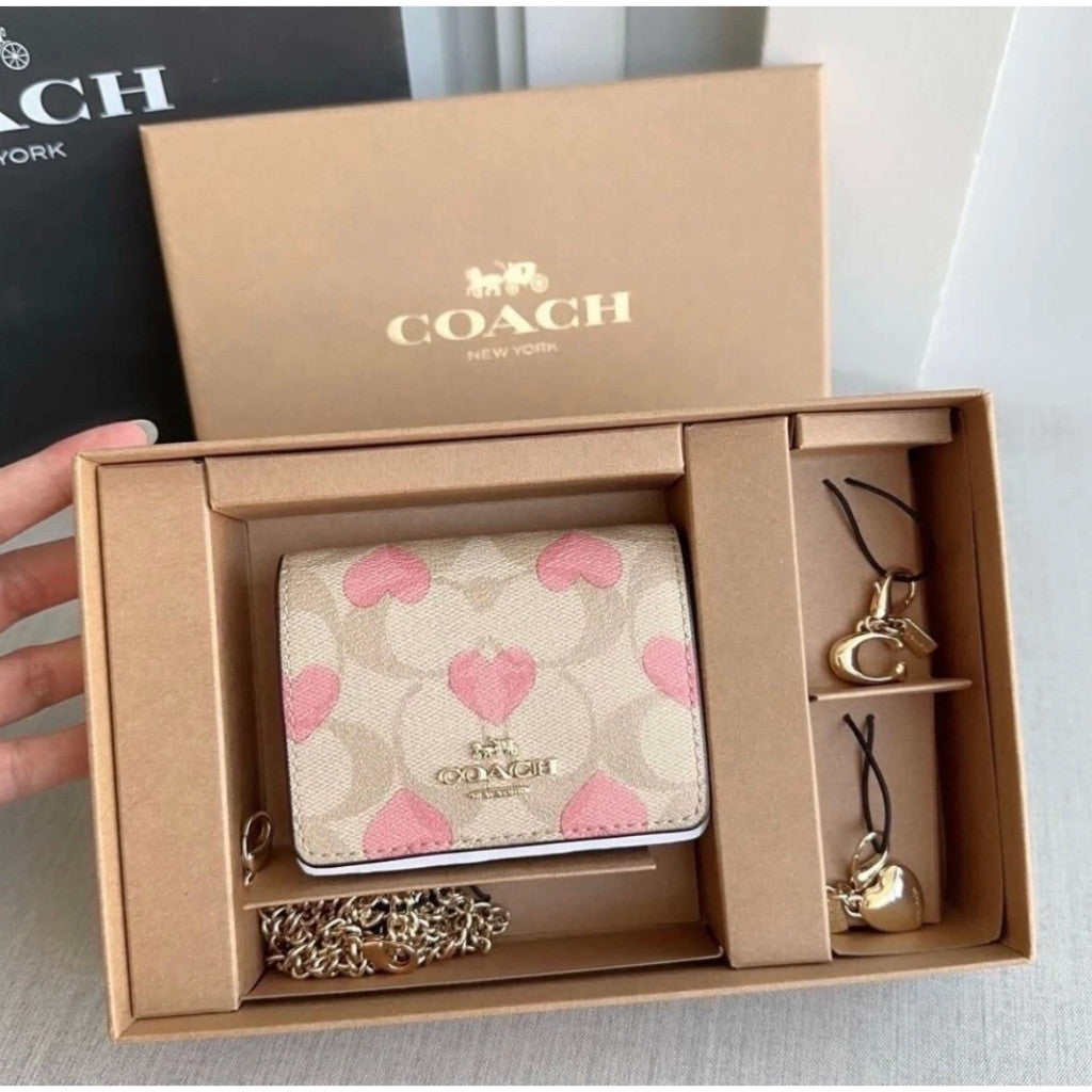 ORIG & IMPORTED CCH Boxed Mini Wallet On A Chain WITH CHARMS Micro Bag Heart Print