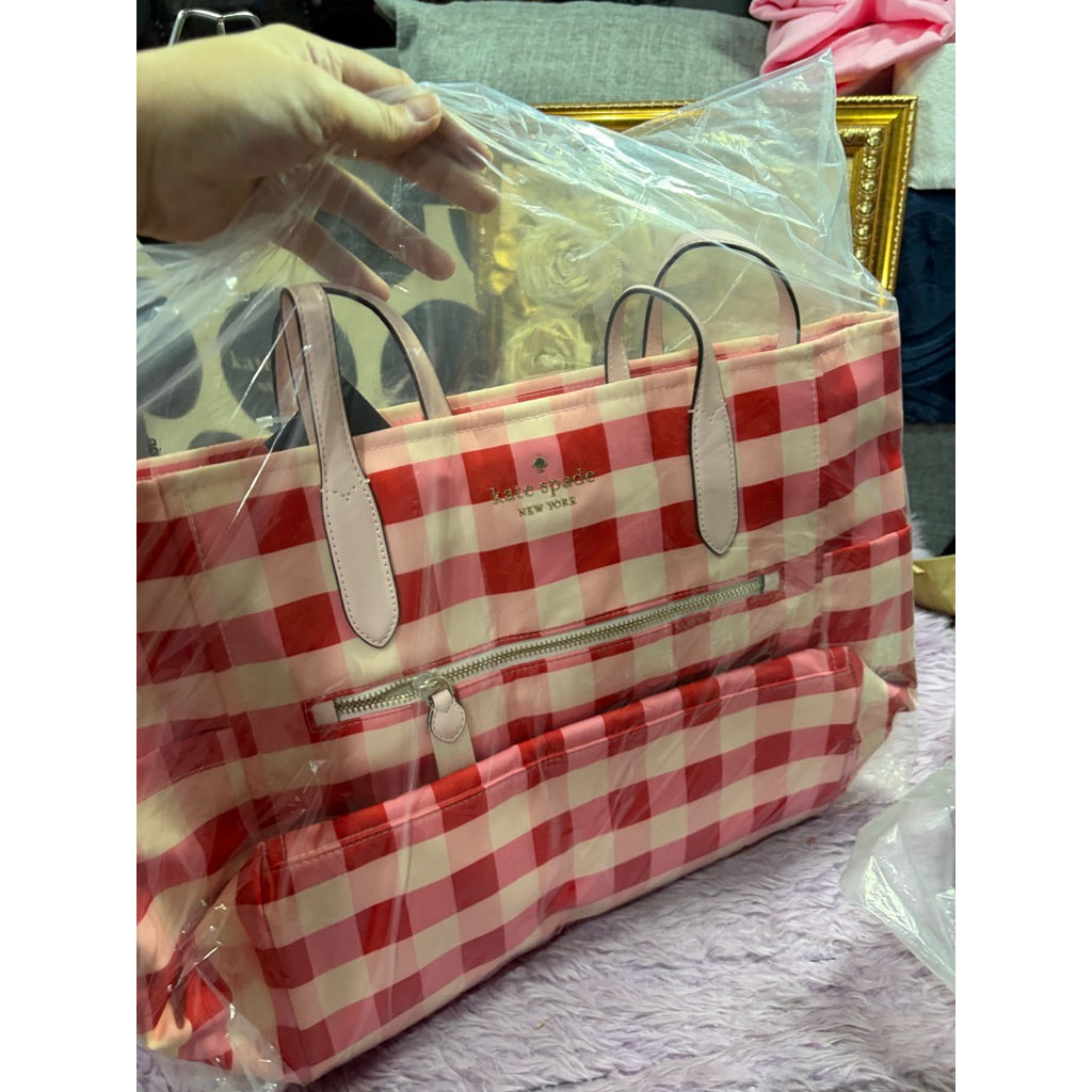 ORIG & IMPORTED KS Chelsea Gingham Large Tote Nylon Bag Satchel Pink Multi