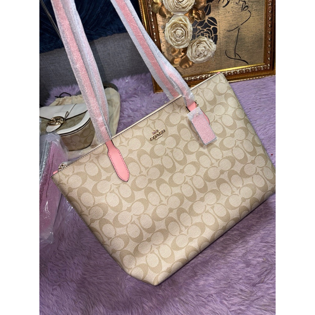 ORIG & IMPORTED Coach Medium Zip Top Tote Bag In Signature Canvas Light Khaki/Pink