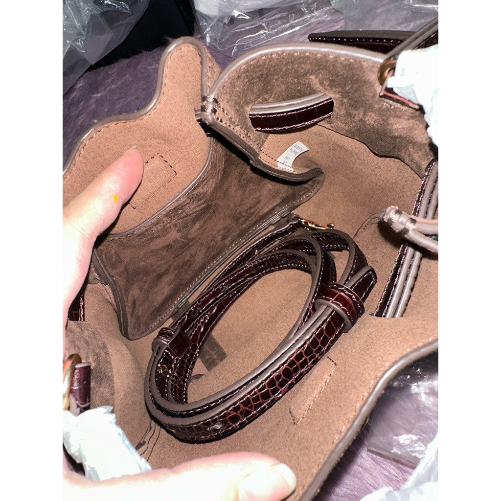 ORIG & IMPORTED TB Burch Dark Cocoa Brown Romy Suede Mini Bucket Bag Brown