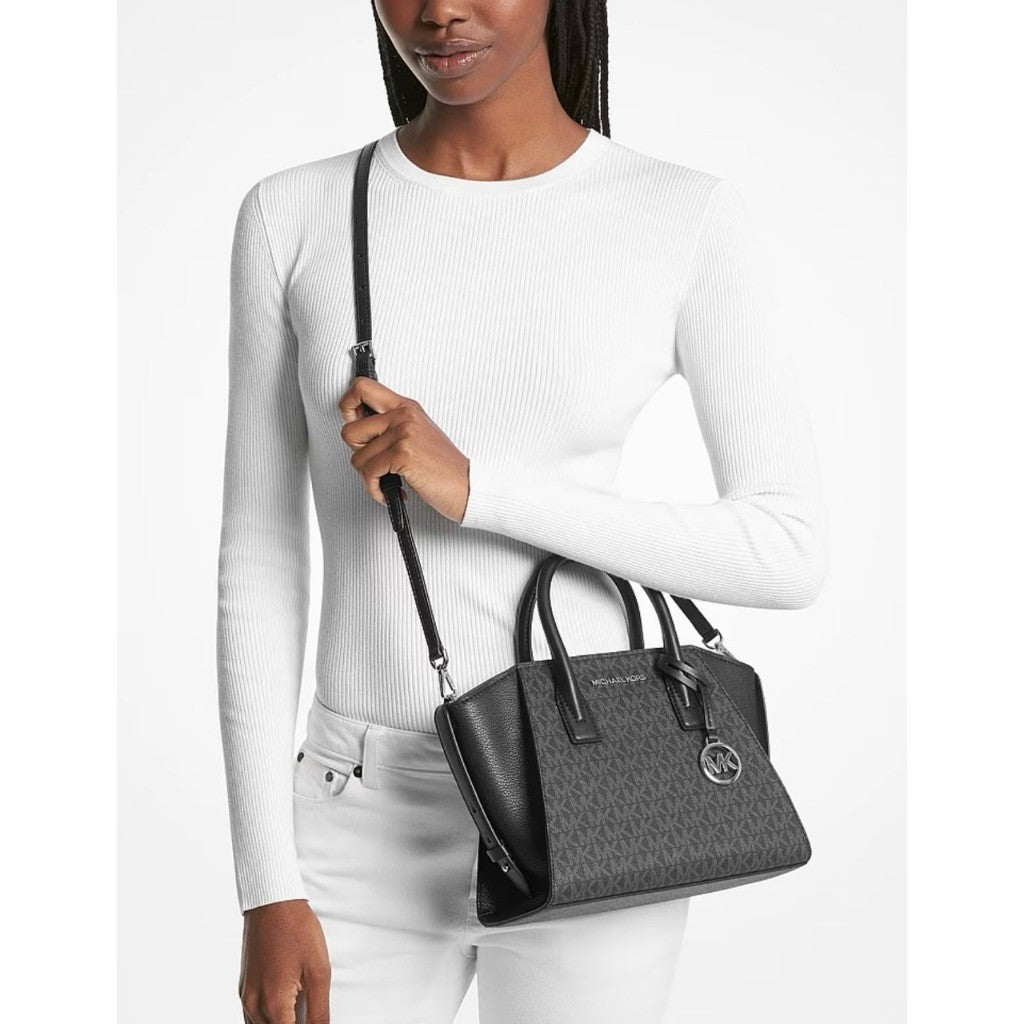 ORIG & IMPORTED MK Avril Small Logo Top-Zip Satchel White/Black Bag