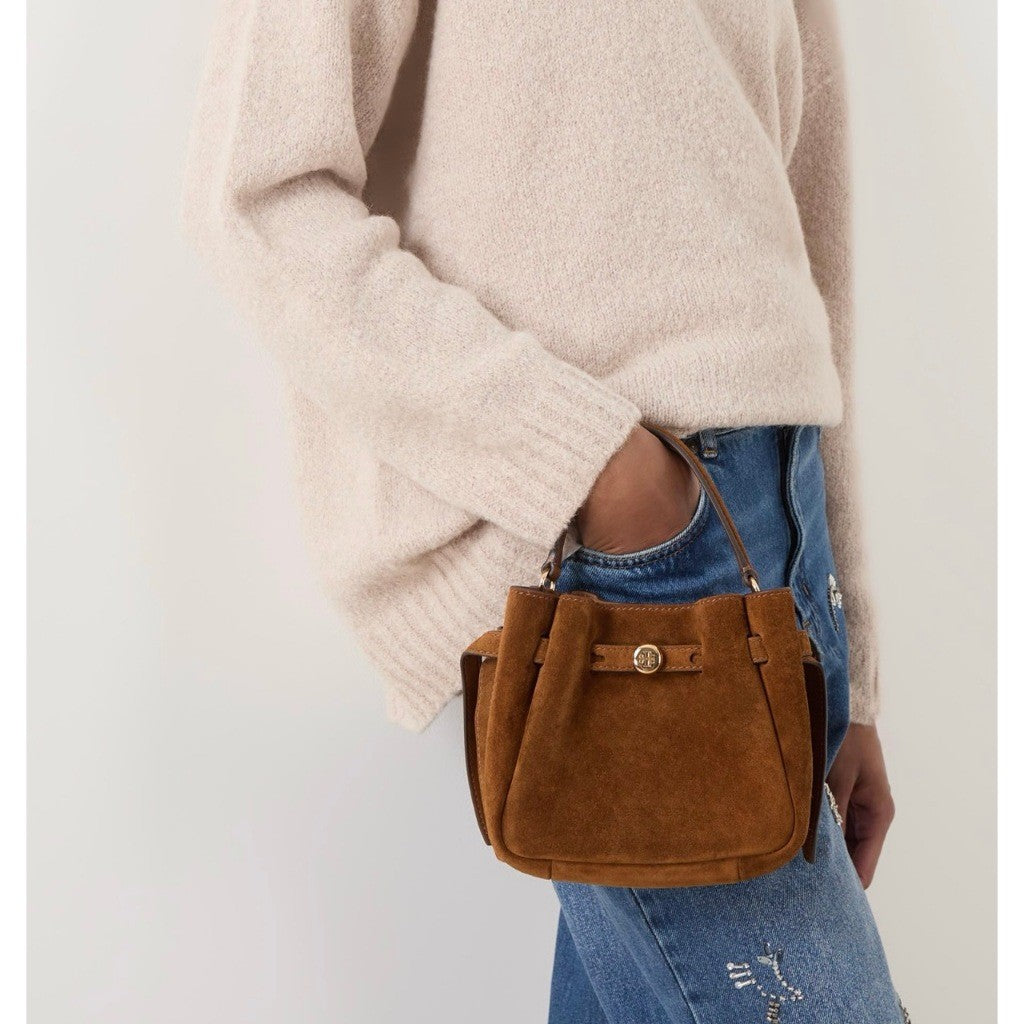 ORIG & IMPORTED TB Burch Dark Cocoa Brown Romy Suede Mini Bucket Bag Brown