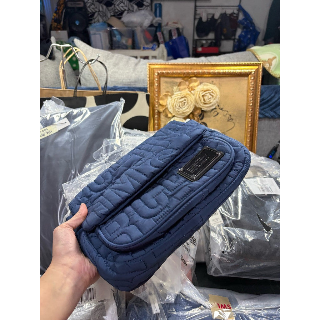 ORIG & IMPORTED MJ Nylon Jumbled Logo Messenger Blue Flap Bag