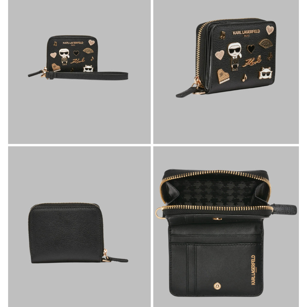 ORIG & IMPORTED Karl Lagerfeld KL Small zip around black bifold wallet wristlet with pins