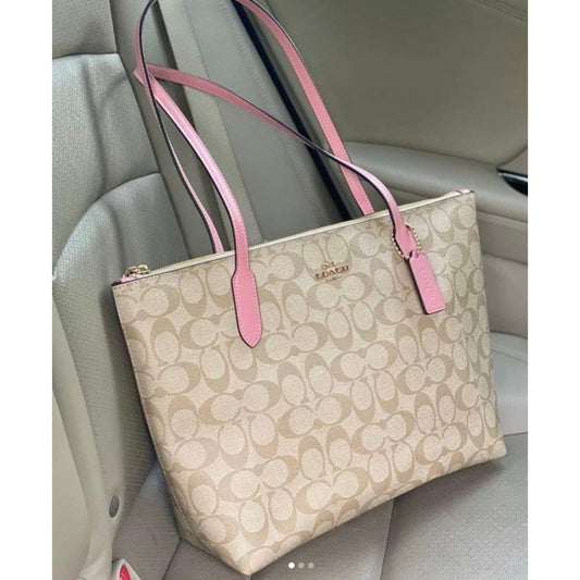 ORIG & IMPORTED Coach Medium Zip Top Tote Bag In Signature Canvas Light Khaki/Pink