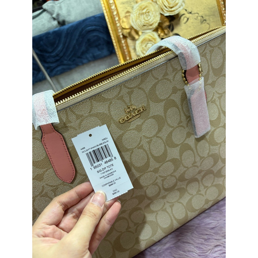 ORIG & IMPORTED Coach Medium Zip Top Tote Bag In Signature Canvas Light Khaki/Pink