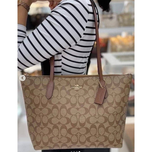 ORIG & IMPORTED Coach Medium Zip Top Tote Bag In Signature Canvas Saddle/Brown