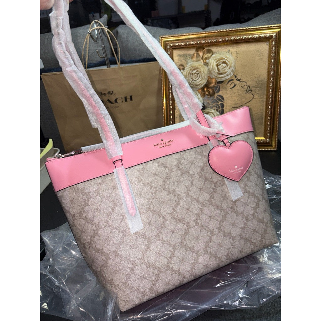 ORIG & IMPORTED KS All Day Spade Flower Tote Pink/Beige Bag With Charm