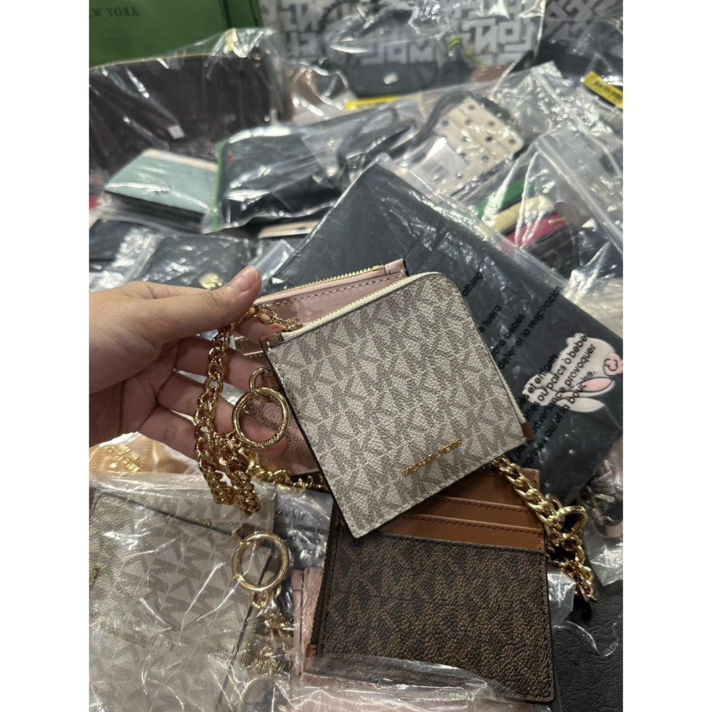 ORIG & IMPORTED MK Signature Logo Chain Wallet Slim Card Holder White/Pink/Brown