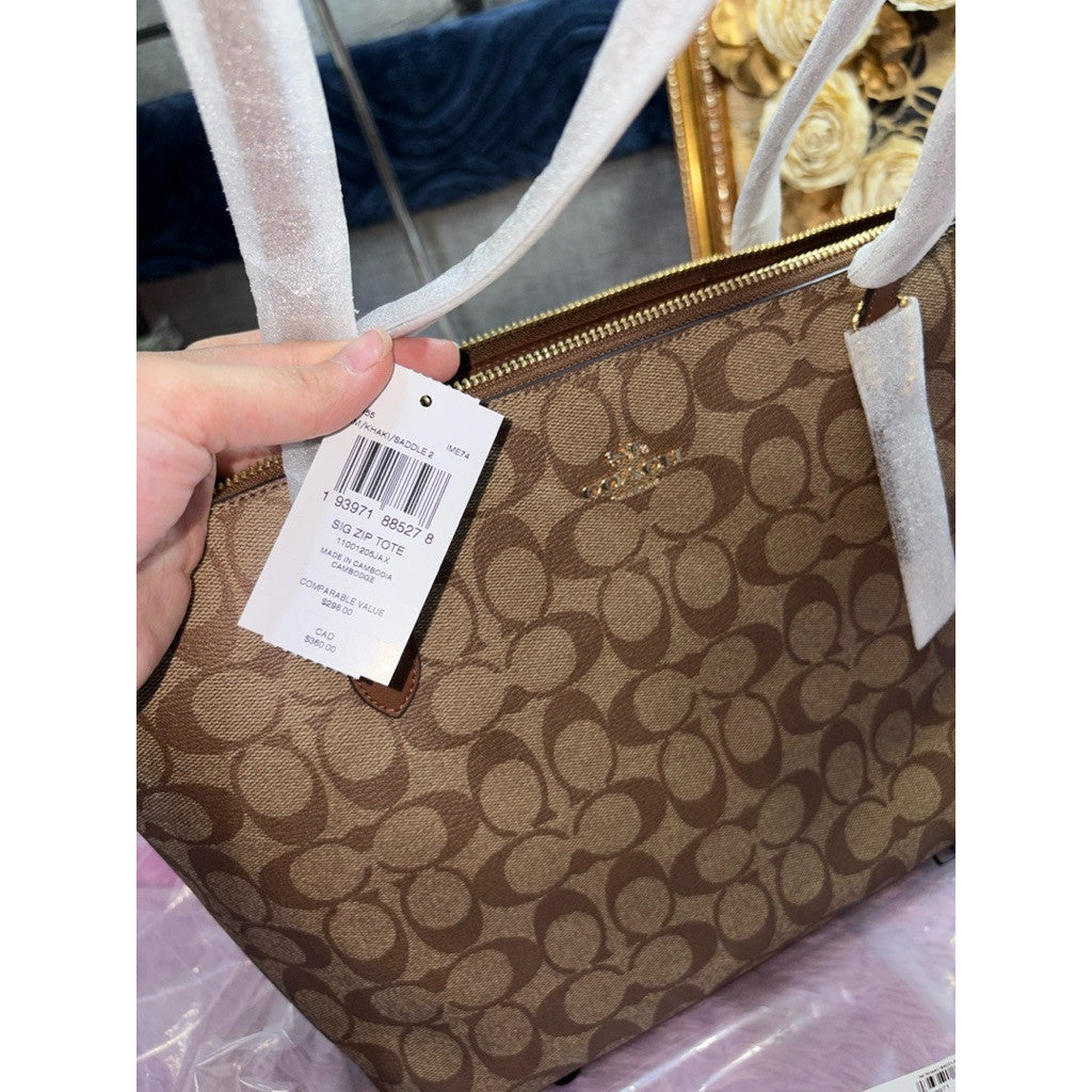 ORIG & IMPORTED Coach Medium Zip Top Tote Bag In Signature Canvas Saddle/Brown