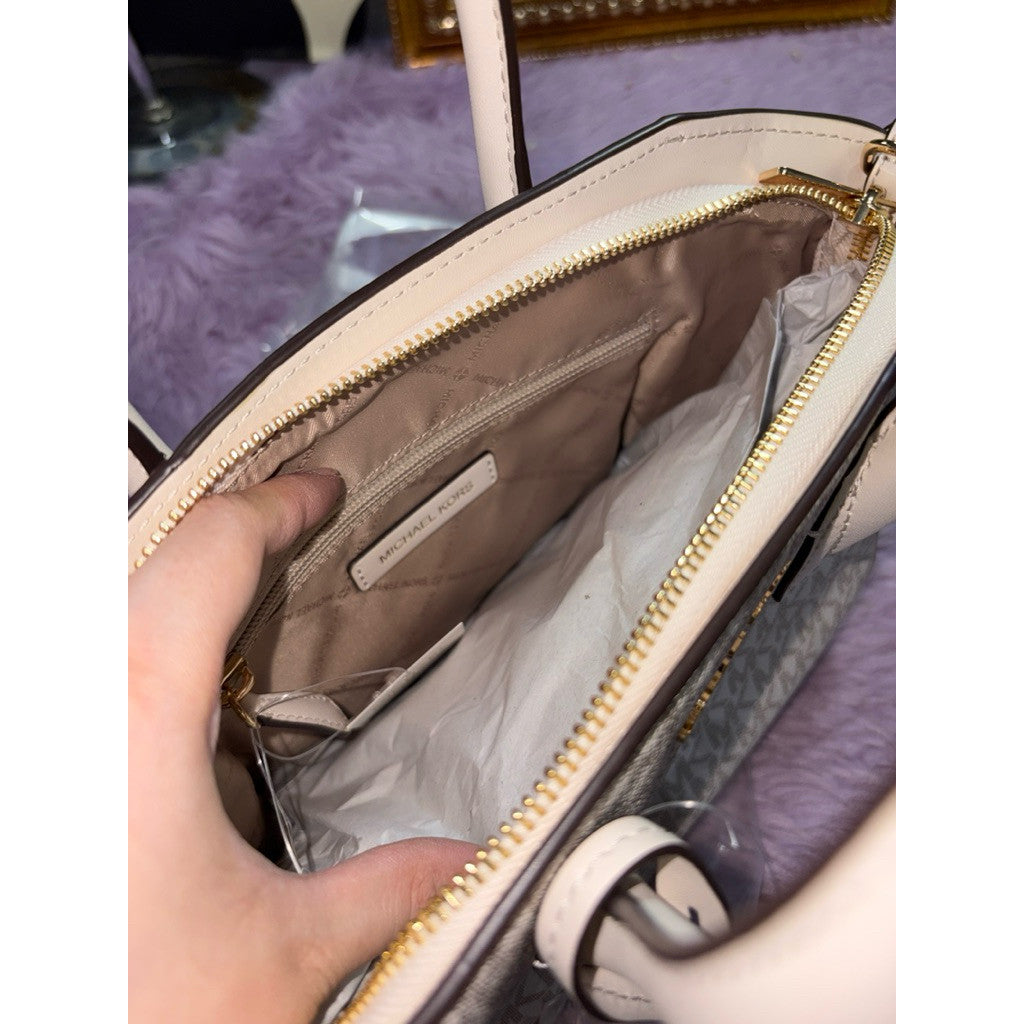ORIG & IMPORTED MK Avril Small Logo Top-Zip Satchel White/Black Bag