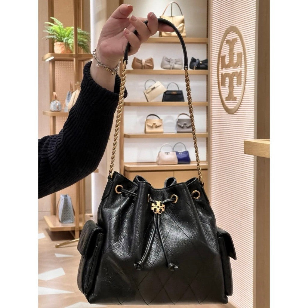 ORIG & IMPORTED TB TBurch Small Charlie Quilted Drawstring Shoulder Bag Black