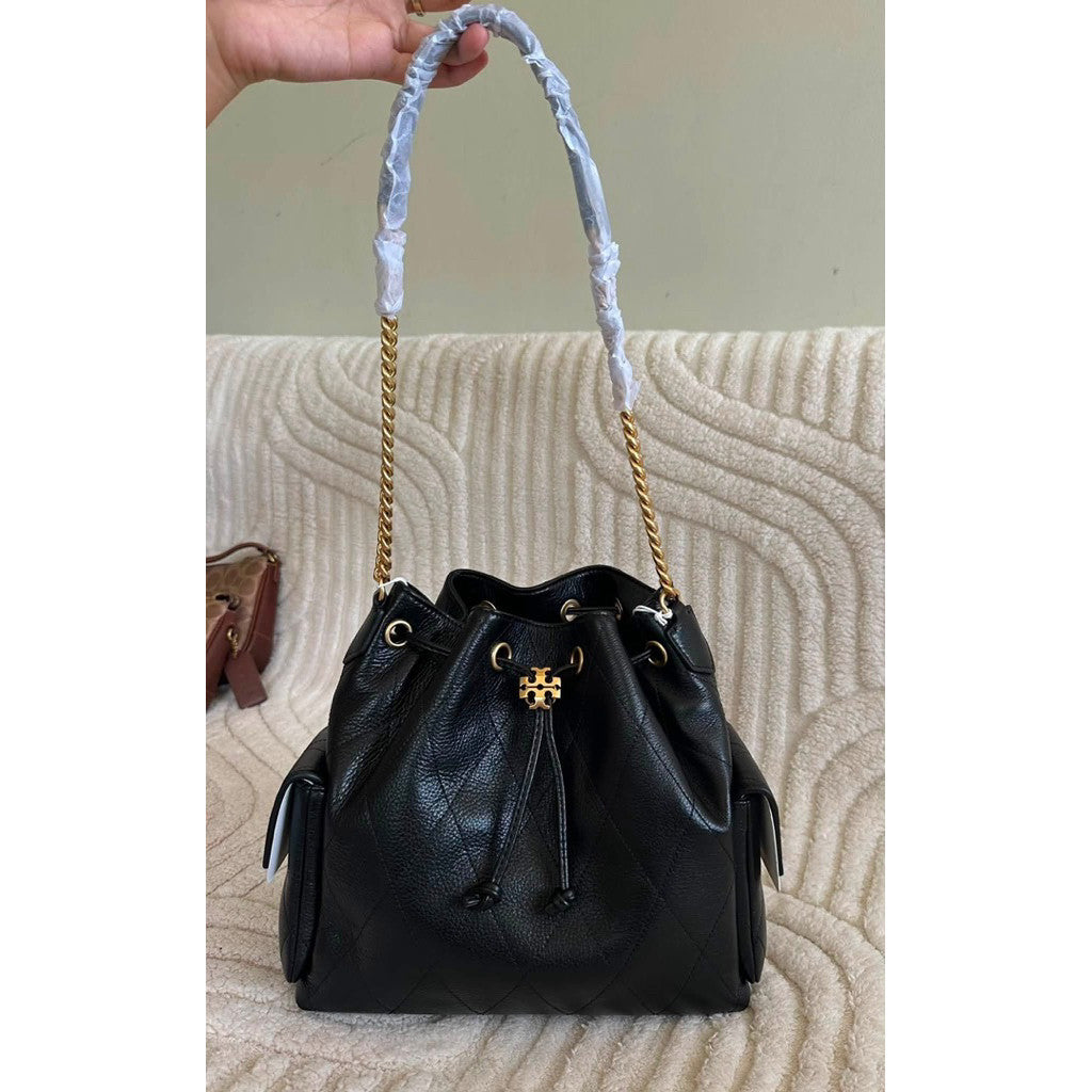 ORIG & IMPORTED TB TBurch Small Charlie Quilted Drawstring Shoulder Bag Black