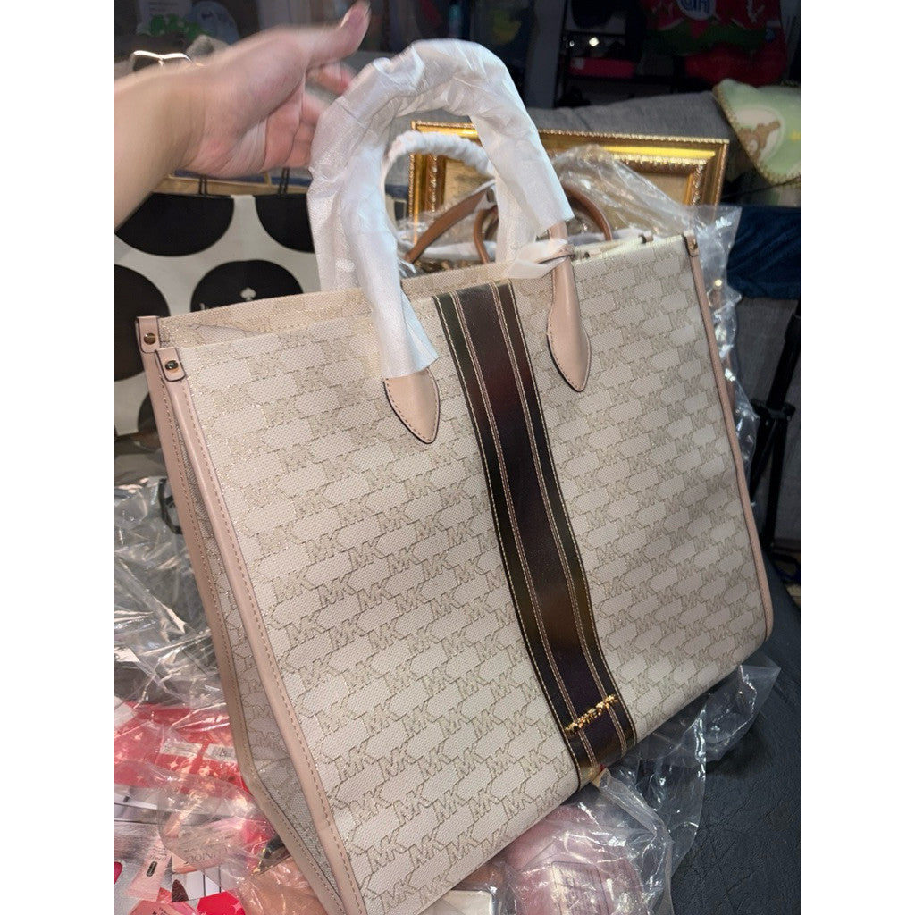 ORIG & IMPORTED MK MIRELLA LARGE STRIPED TOTE TRAVEL BAG BEIGE/PINK