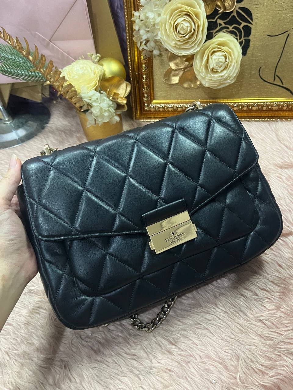 ORIG Preloved Kate Spade KS Carey Medium Flap Shoulder Quilted Black Bag