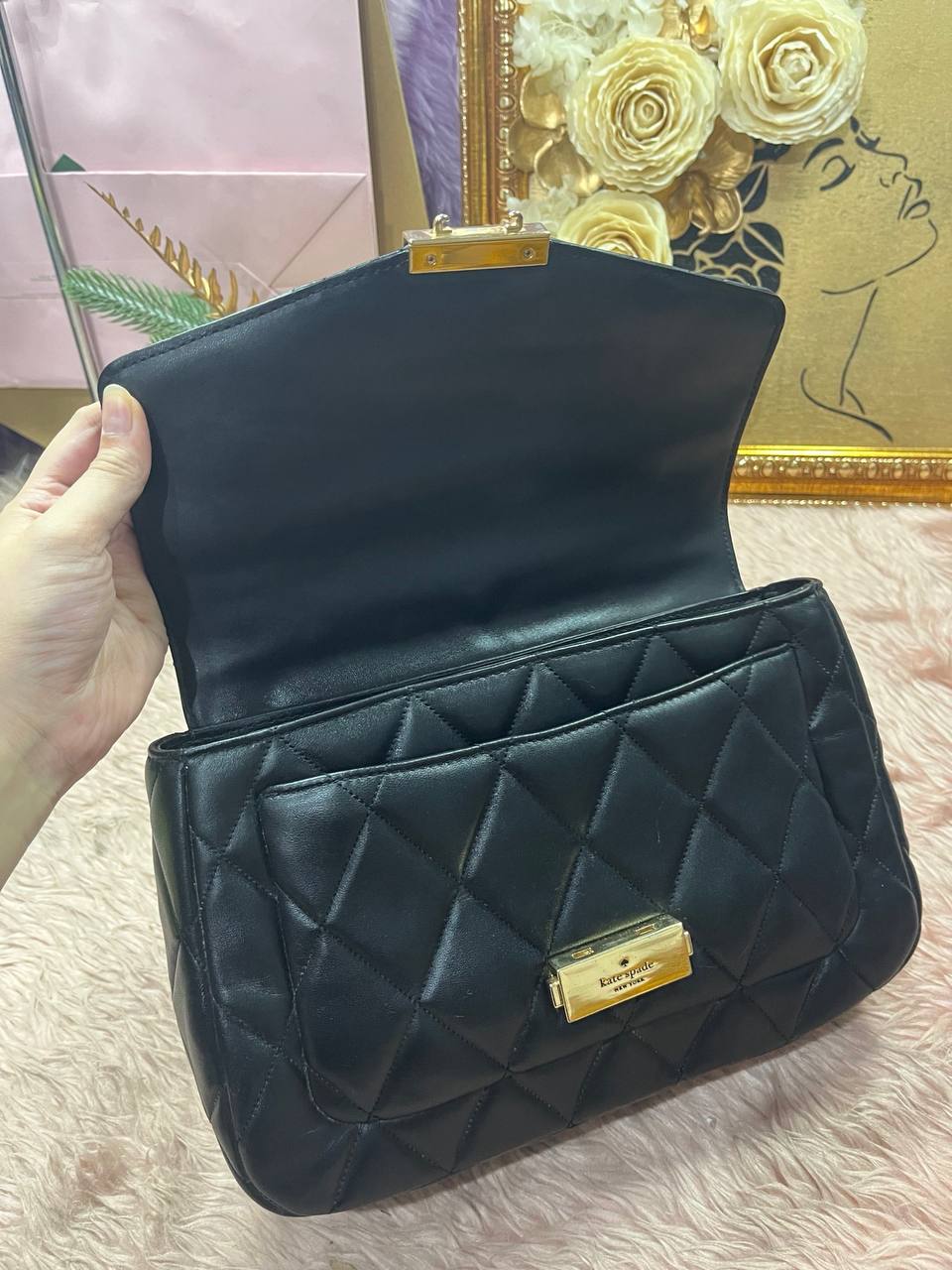 ORIG Preloved Kate Spade KS Carey Medium Flap Shoulder Quilted Black Bag