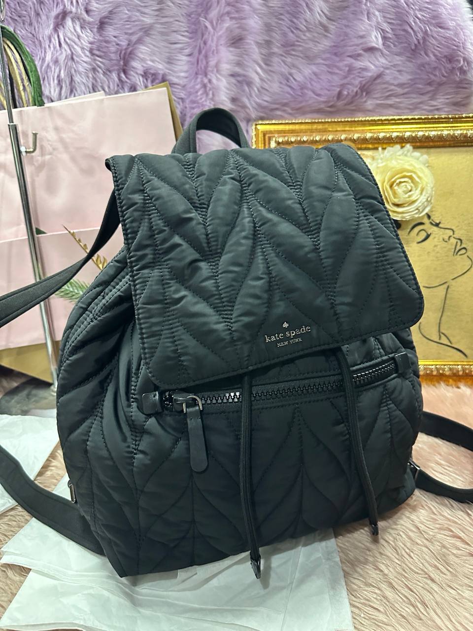 ORIG Preloved Kate Spade KS Ellie Large Flap Backpack Nylon Black Bag