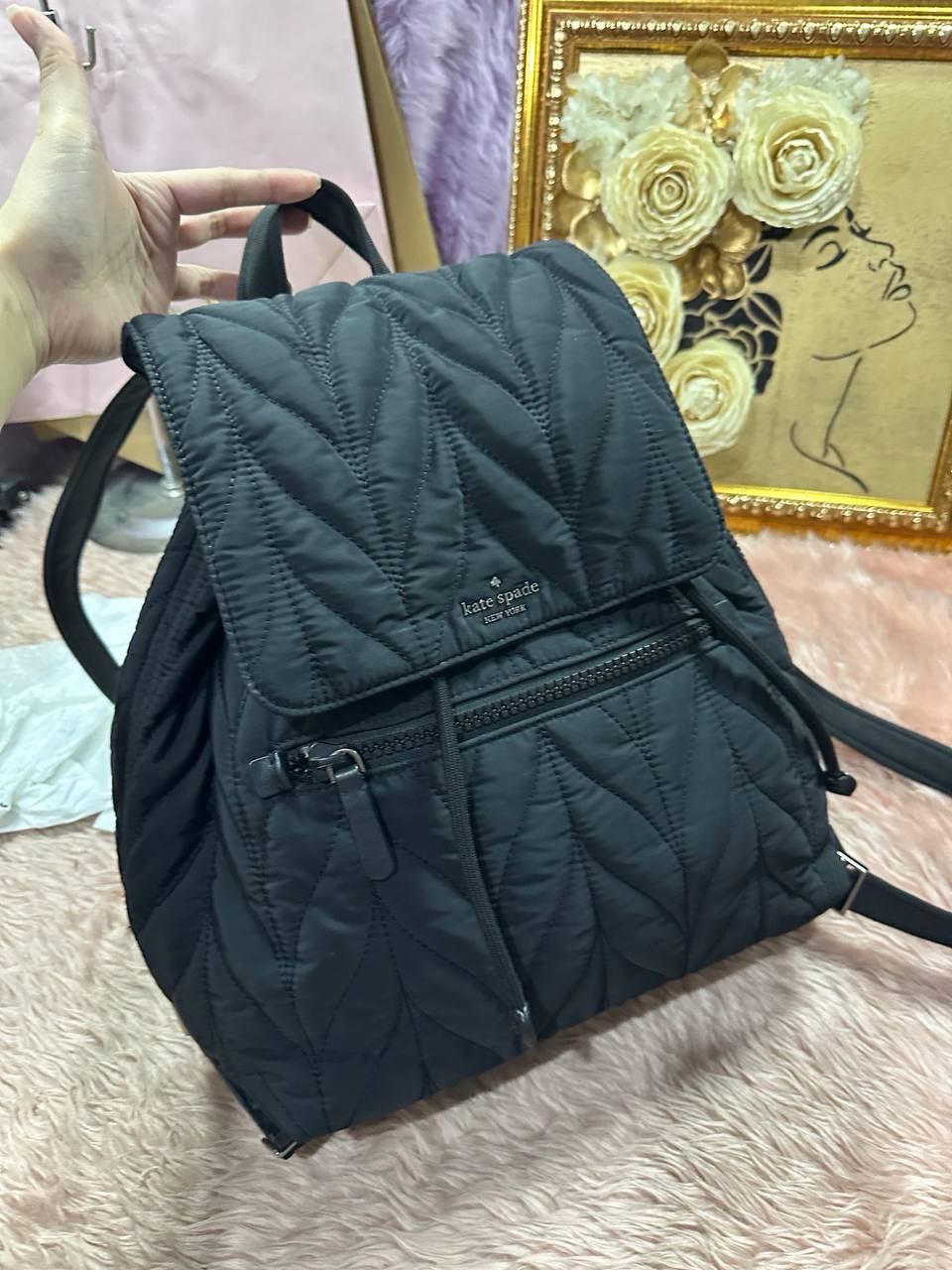 ORIG Preloved Kate Spade KS Ellie Large Flap Backpack Nylon Black Bag