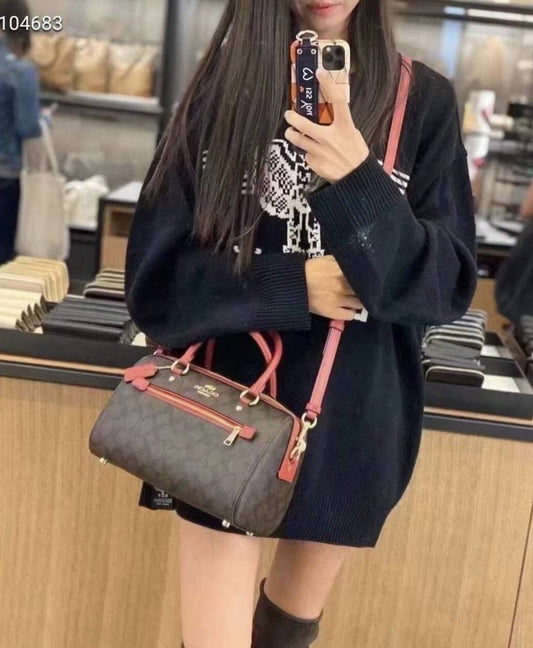 ORIG Preloved Coach Rowan Satchel Signature Khaki Dark Fuchsia Pink Bag