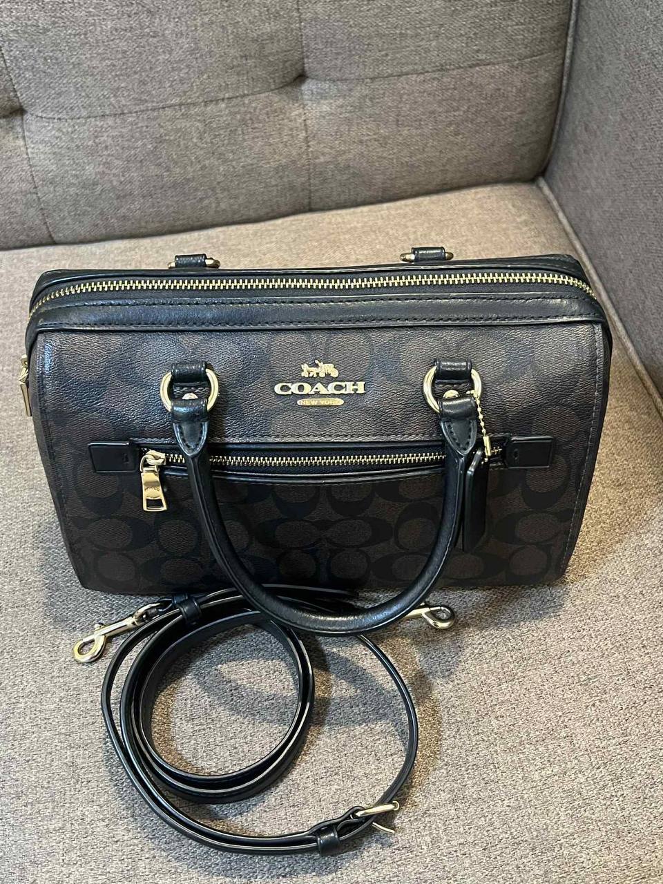 ORIG Preloved Coach Rowan Satchel Bag In Signature Canvas Brown Black