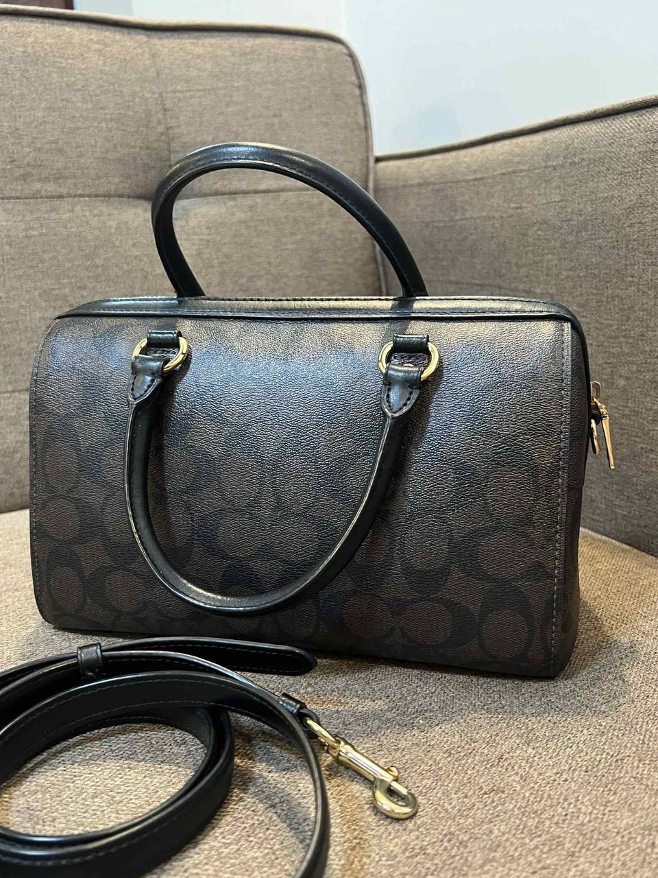 ORIG Preloved Coach Rowan Satchel Bag In Signature Canvas Brown Black