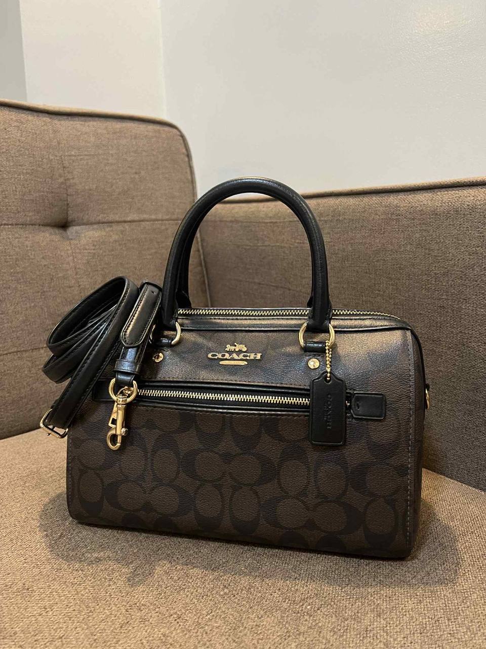 ORIG Preloved Coach Rowan Satchel Bag In Signature Canvas Brown Black