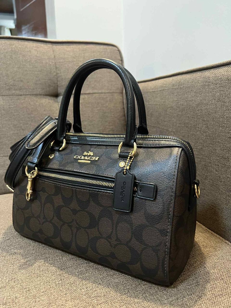 ORIG Preloved Coach Rowan Satchel Bag In Signature Canvas Brown Black