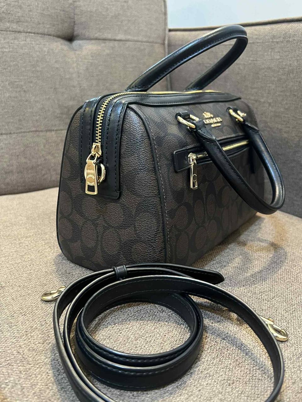 ORIG Preloved Coach Rowan Satchel Bag In Signature Canvas Brown Black